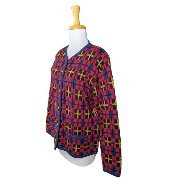 Vintage Crystal Kobe Cardigan Medium Red Blue Boxy Nordic Gold Buttons Pockets - Picture 11 of 14